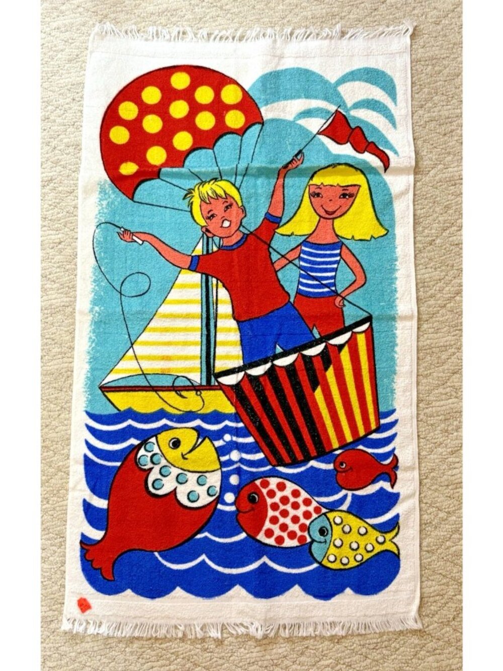Vintage Terry Towel Printed Sailboat Fish Nautical Playful Boy Girl Fringe New